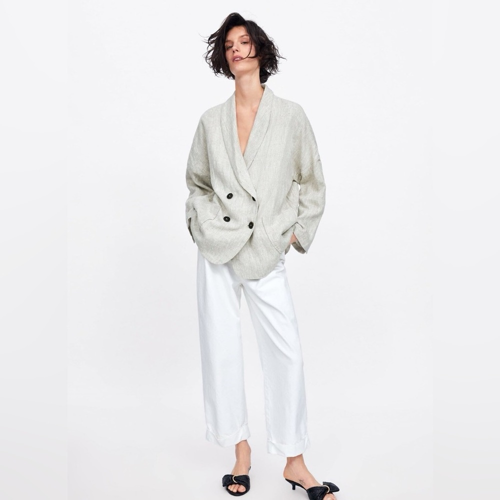 NWT Zara Double-breasted Linen Blazer Jacket Beige Ecru Oversized Fit XS S M Fit